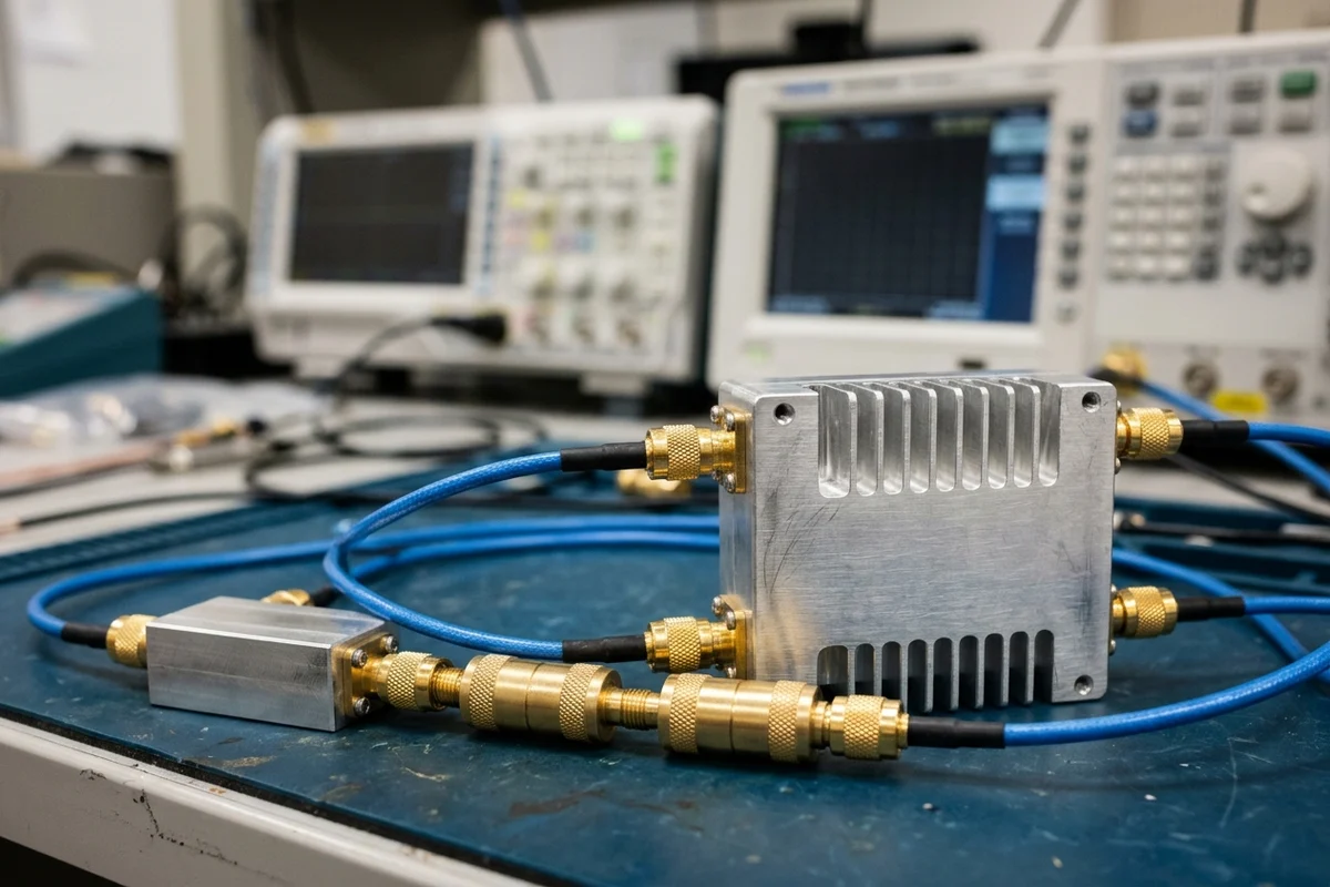 A radio transceiver unit connected by coaxial cables and attenuators to a benchtop spectrum analyzer in an engineering lab.