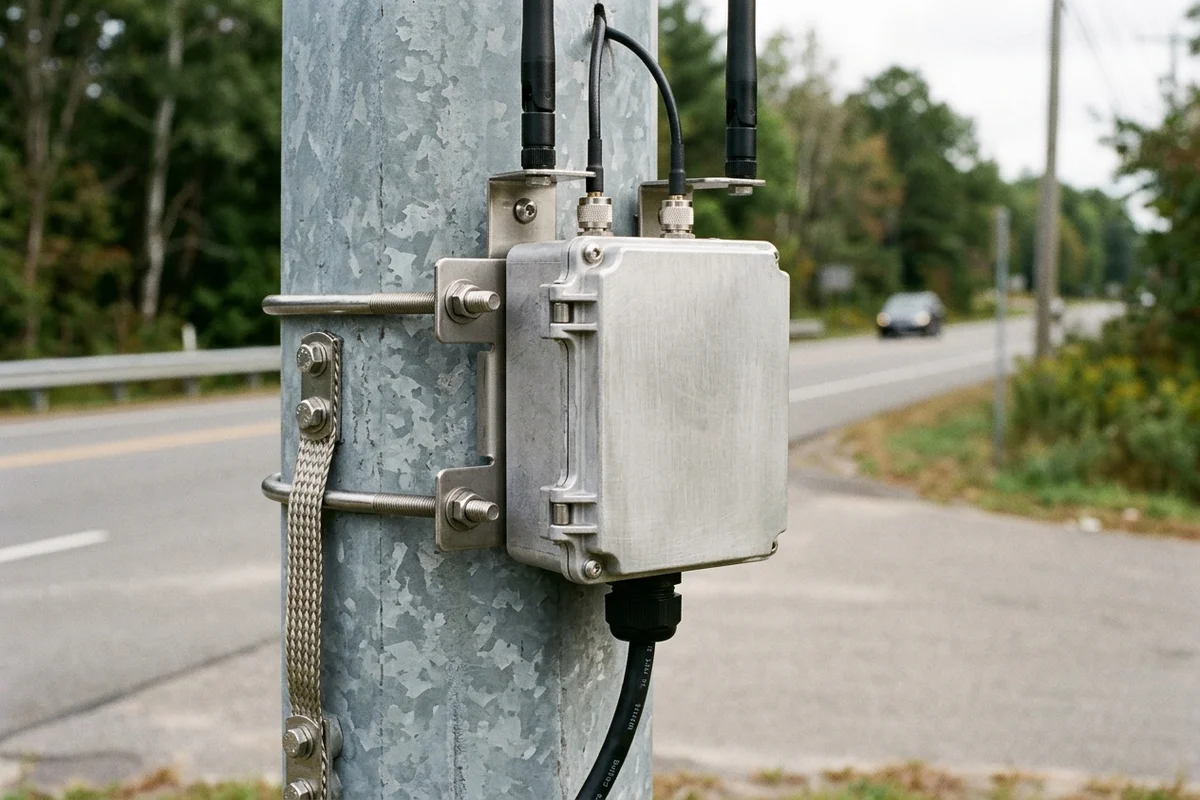 A weatherproof outdoor roadside communication unit mounted on a steel signal pole with coaxial antenna ports and an Ethernet gland.