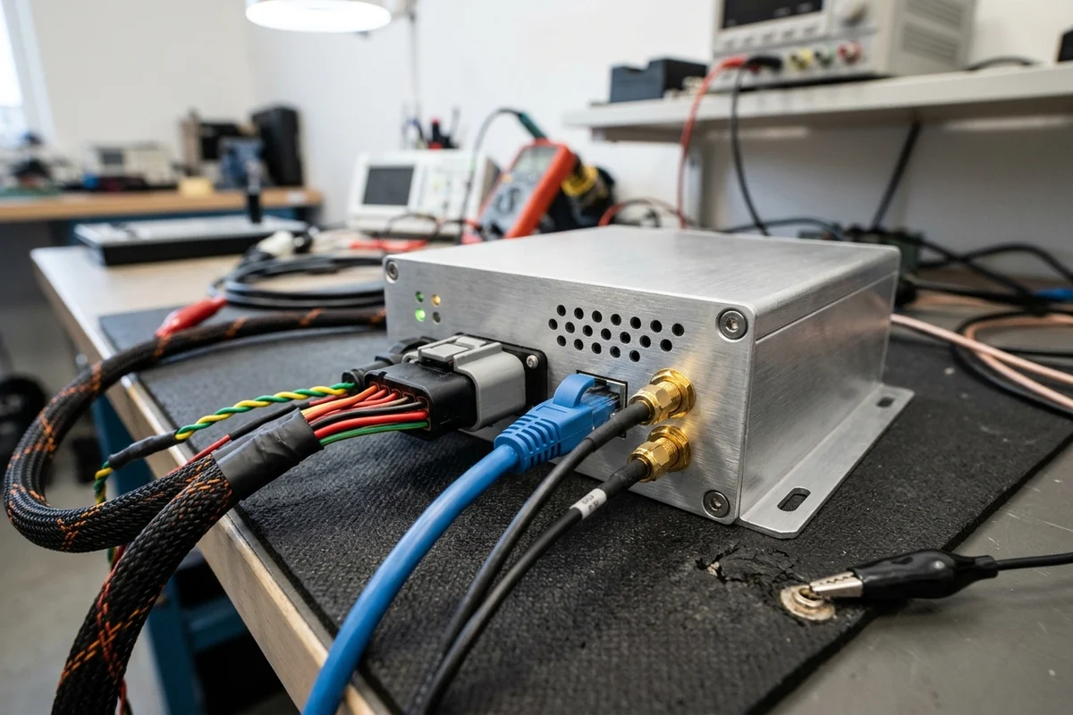 An automotive on-board communication unit connected to a multi-lead coaxial antenna cable, Ethernet port, and power harness on a workbench.