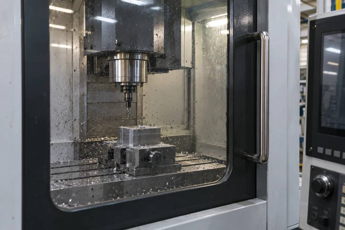 A spindle and clamped metal workpiece behind a closed CNC window, beside an operator pendant.