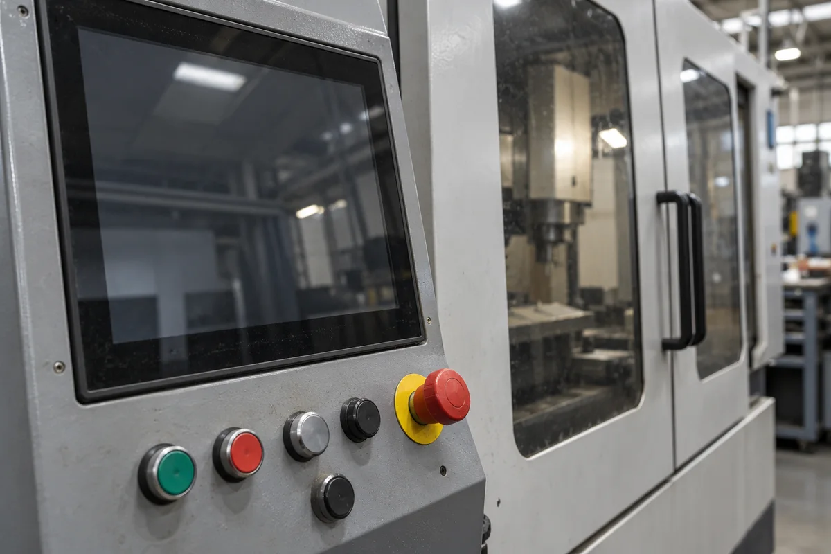 A reflective operator screen and physical pushbuttons beside a closed machine enclosure.