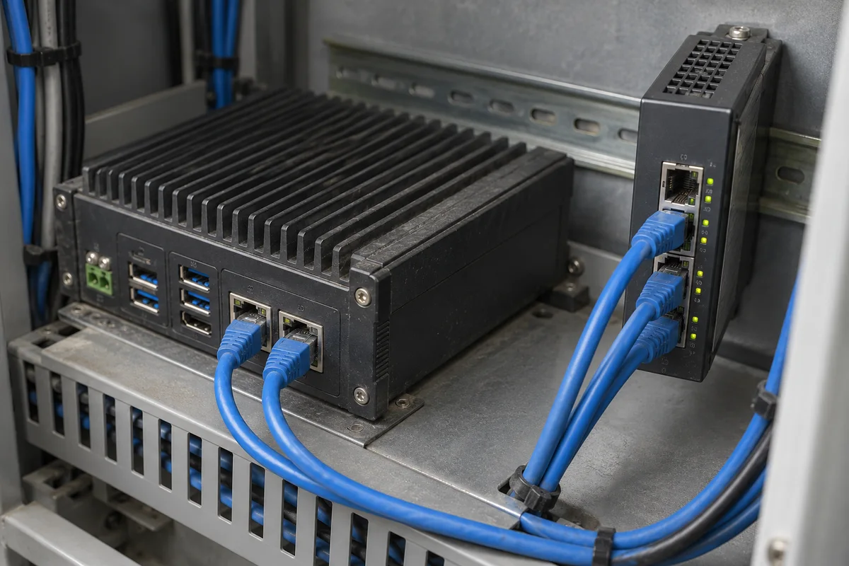 A finned industrial computer and a DIN-rail Ethernet switch connected by blue cables inside a cabinet.