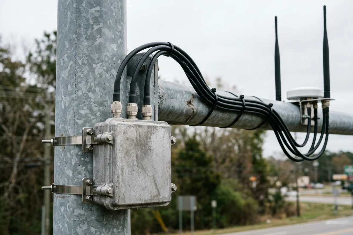 A weatherproof cast-aluminum roadside communication enclosure clamped to a galvanized traffic signal pole with coaxial antenna cables routed along the horizontal mast arm.