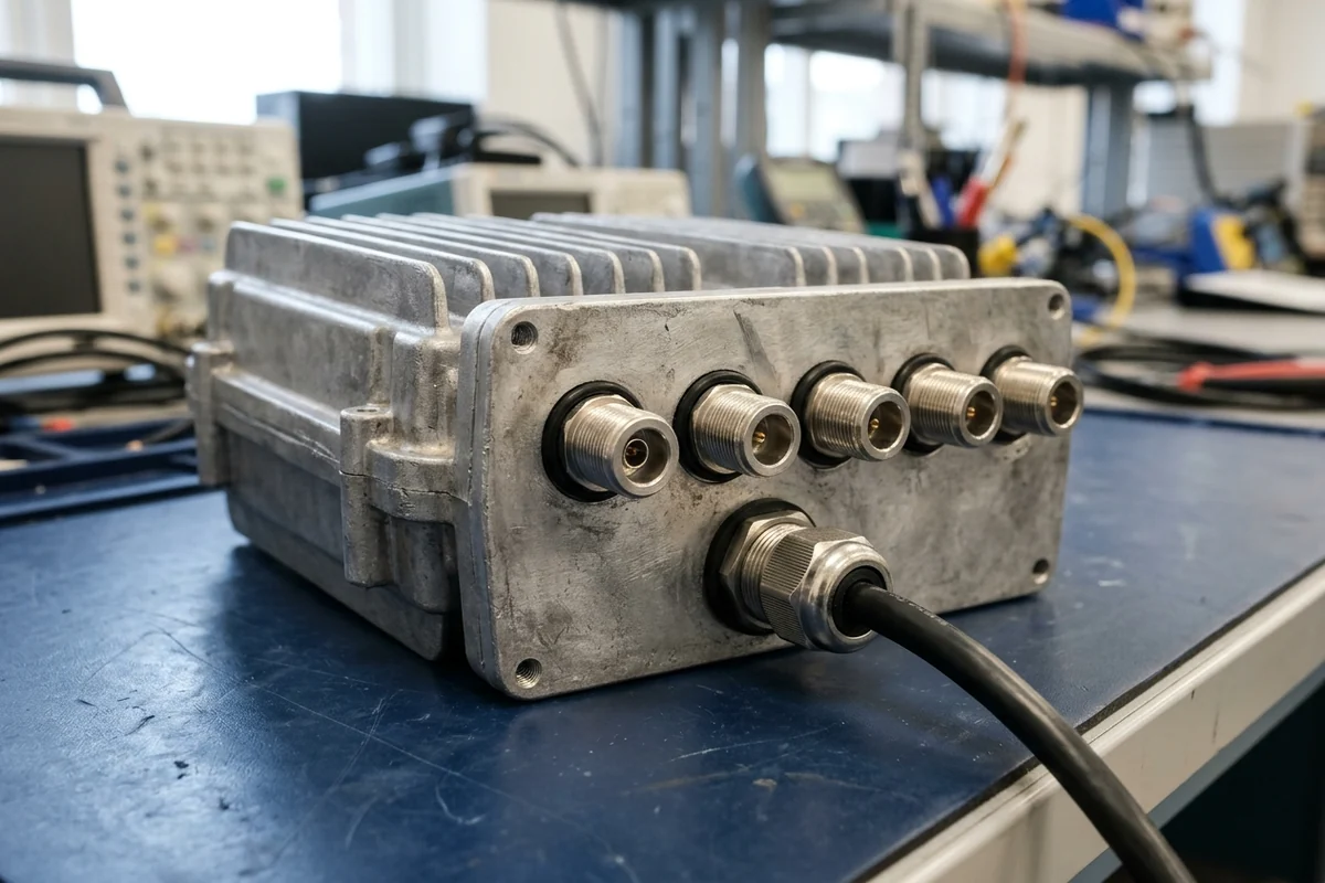 A rugged die-cast aluminum roadside unit enclosure on a workbench showing female coaxial bulkhead ports and a threaded weatherproof Ethernet cable gland.