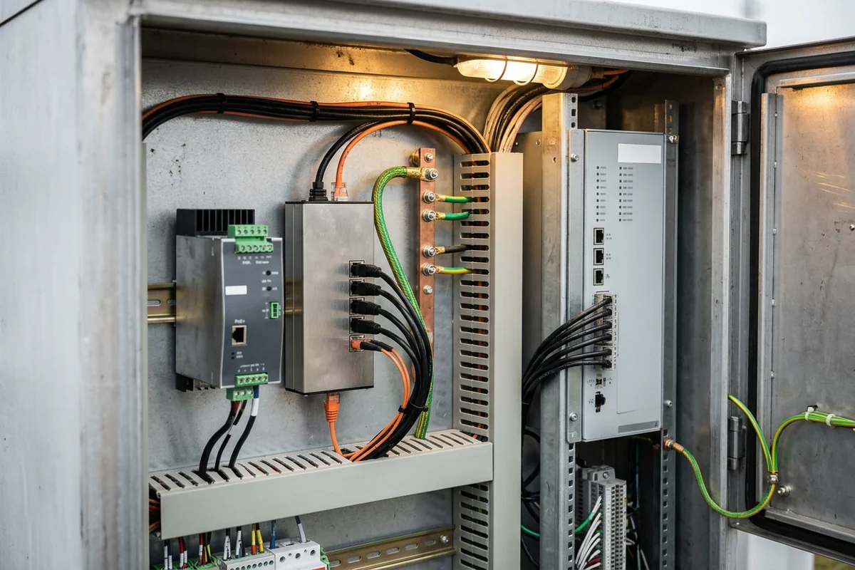Interior of an open roadside traffic signal control cabinet showing a rack-mounted controller, DIN-rail PoE power supply, grounded Ethernet surge protector, and copper earth busbar.