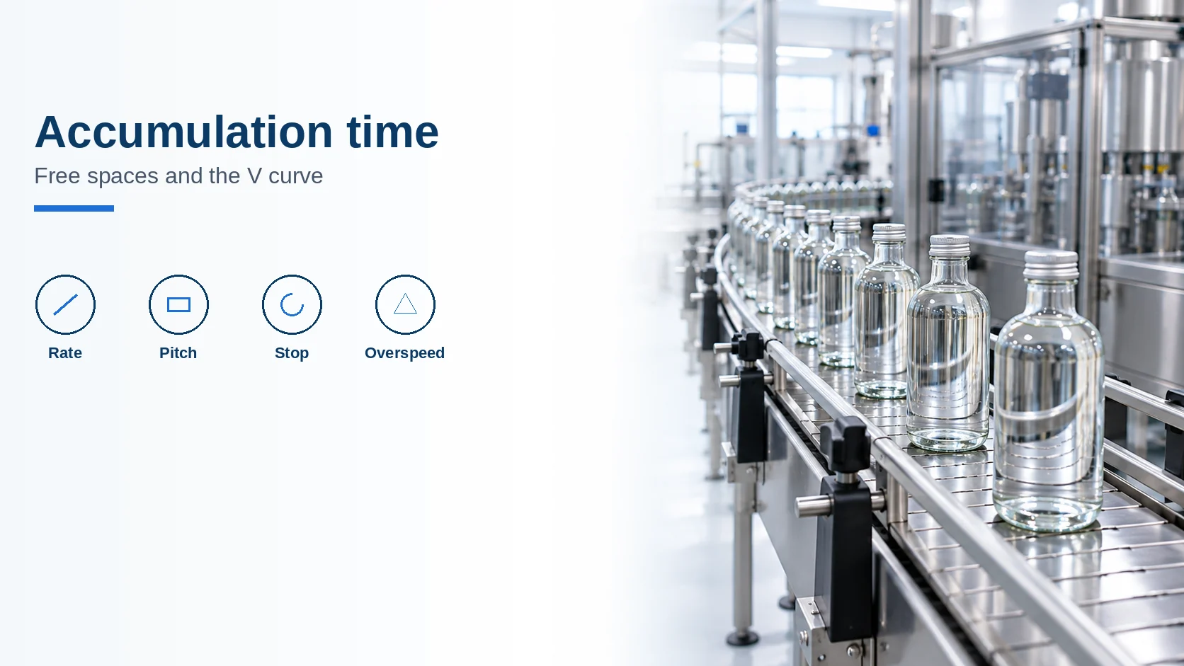 Cover titled Accumulation time, with icons for rate, pitch, stop and overspeed, beside unlabeled bottles on a stainless table.
