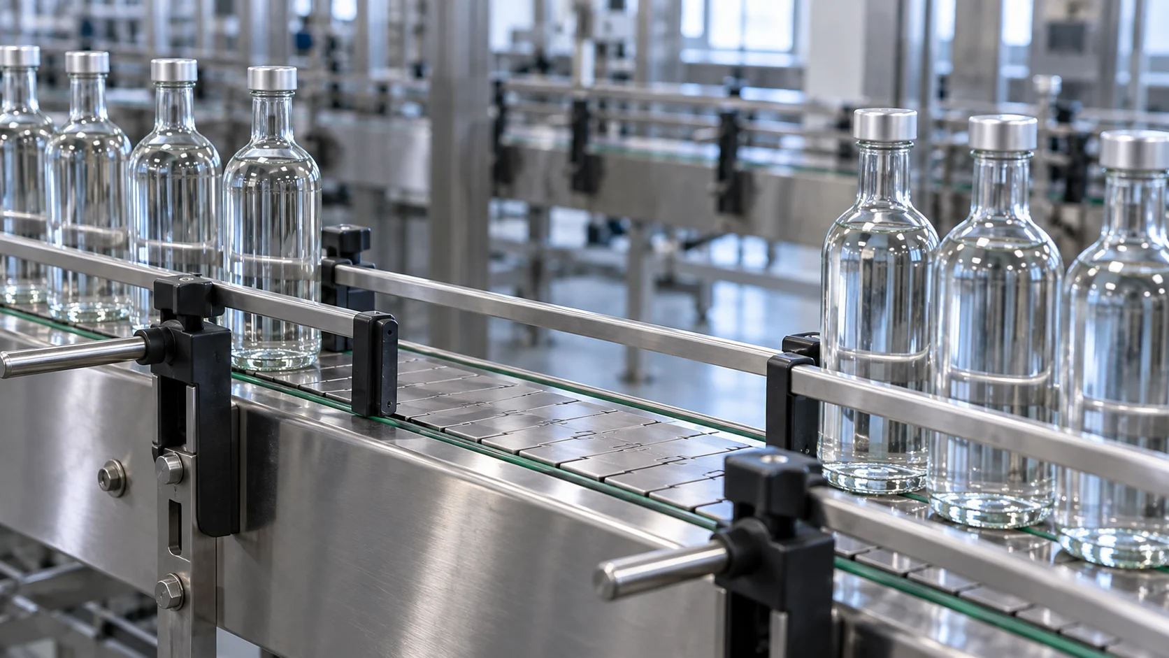 Illustrative photograph of a gap in a bottle queue. It is not a measured accumulation table and not a named line. Unlabeled bottles in single file on a stainless conveyor, with an open gap in the queue.