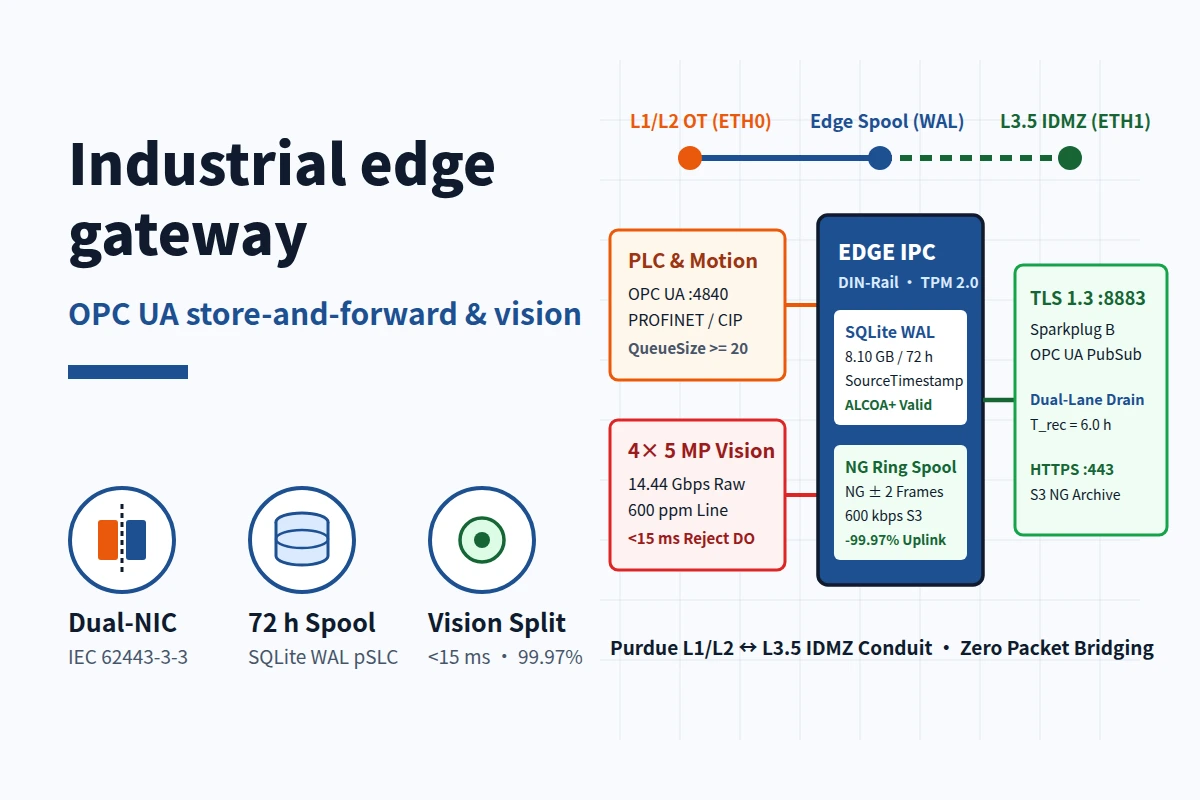 DIN-rail multi-NIC industrial edge gateway isolating Purdue Level 1/2 PLCs and 4-camera vision stations from Level 3.5 IDMZ with SQLite WAL store-and-forward buffering.