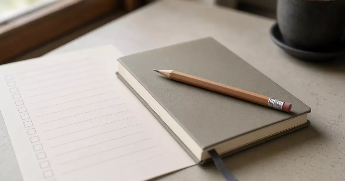 A desk with a checklist sheet, a closed notebook and a pencil.