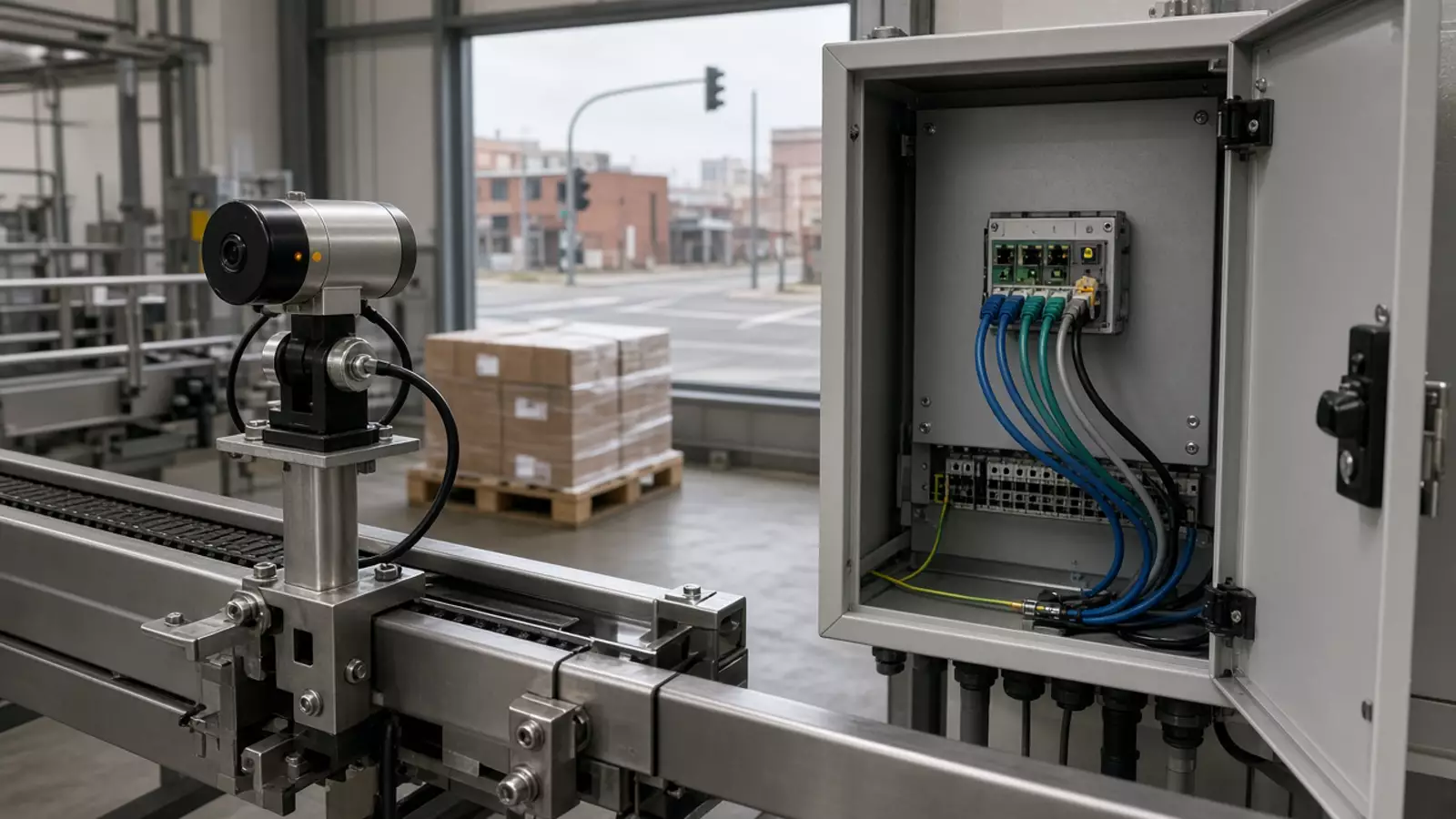 A packaging conveyor, an open control cabinet and a pallet, with an ordinary intersection visible through the factory window.